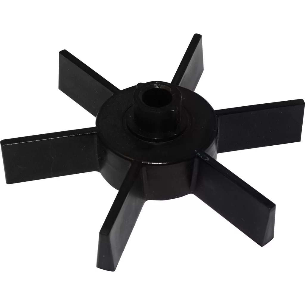 A black six-blade plastic impeller for the Rancilio 38123042 Lower Star - Doser - Rocky, featuring a central circular hub, shown at an angle on a white background. © 2025 1st-line.com
