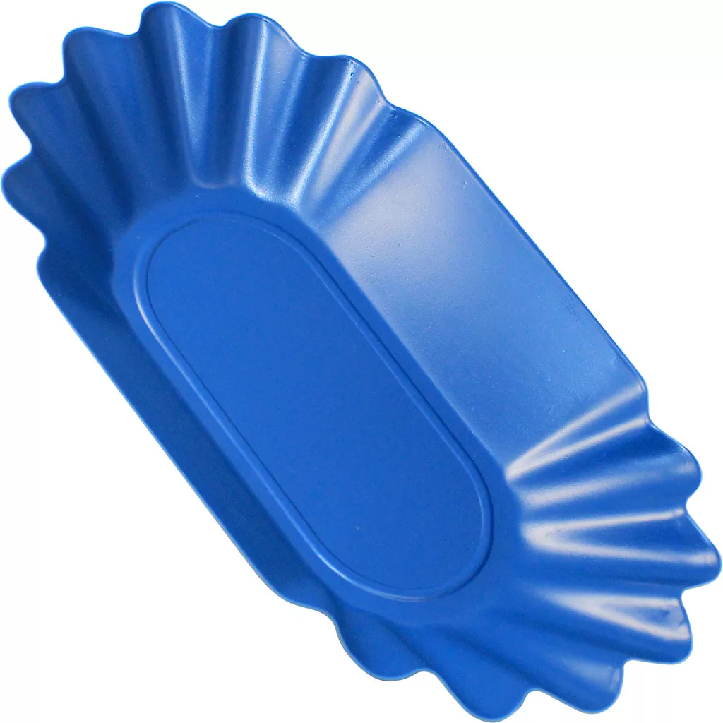 A blue, rectangular fluted baking mold with scalloped edges, reminiscent of DISCONTINUED Rattleware Oval Coffee Bean Trays, viewed from above against a white background. © 2025 1st-line.com