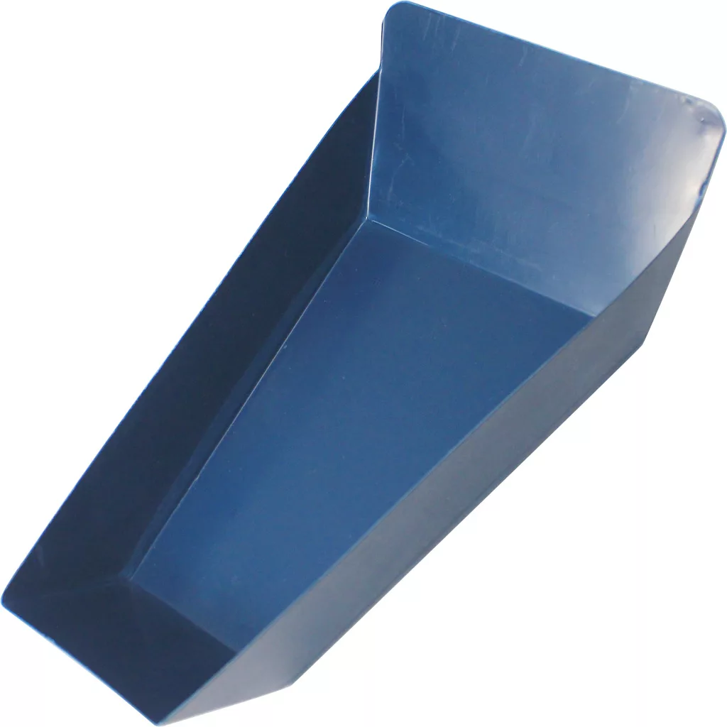 A blue, rectangular Rattleware metal scoop with high sides and a flat bottom sits at an angle against a white background—perfect for use with Rattleware Wedge Coffee Bean Trays. © 2025 1st-line.com