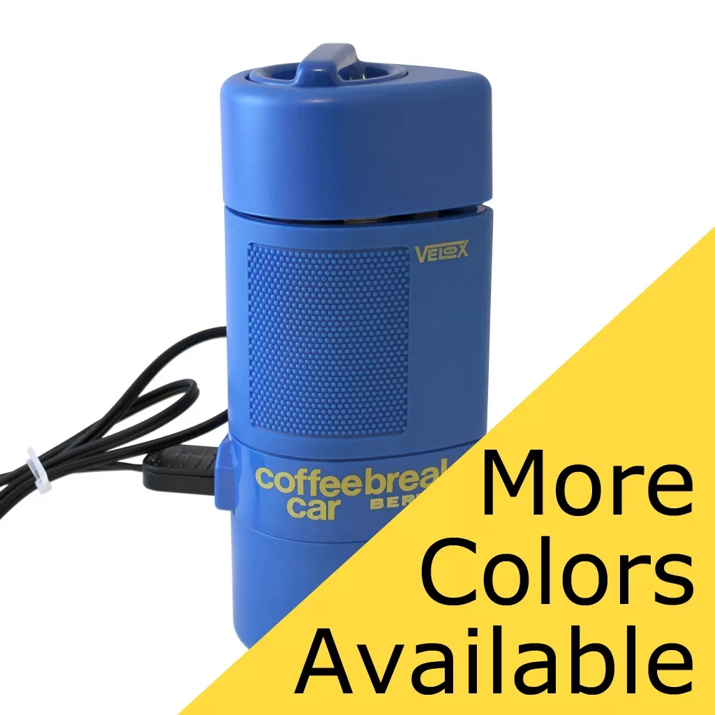 A blue Velox Coffee Break Coffee Maker D909 (SIDEWALK SALE) with a cord, shown on a yellow background and labeled coffeebreak car. More Colors Available—perfect for your next sidewalk sale!. © 2025 1st-line.com