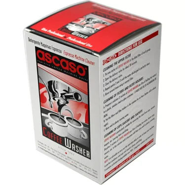 A box of Ascaso V100 Coffee Washer Backflush Detergent - 15 packets, with an image of two espresso cups and cleaning instructions printed on the side of the packaging. © 2025 1st-line.com