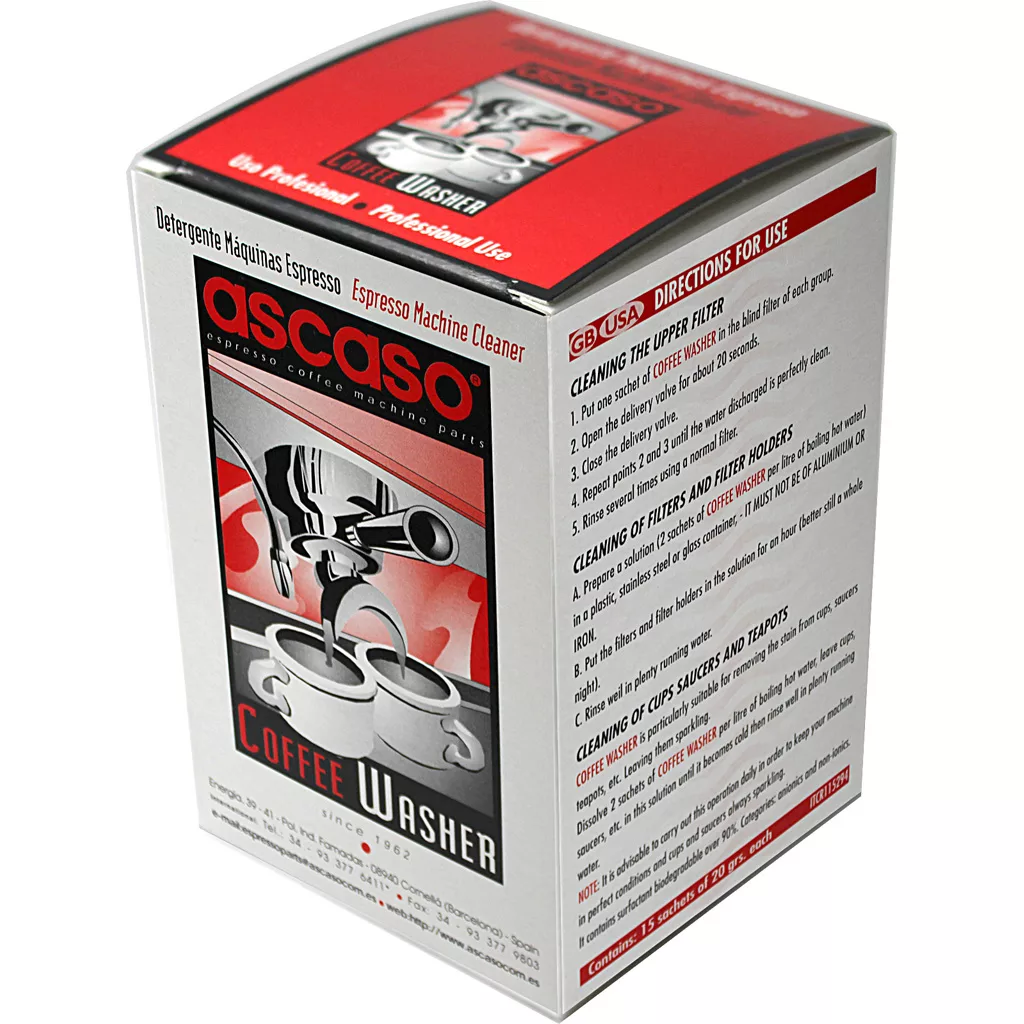 A box of Ascaso V100 Coffee Washer Backflush Detergent - 15 packets, with an image of two espresso cups and cleaning instructions printed on the side of the packaging. © 2025 1st-line.com