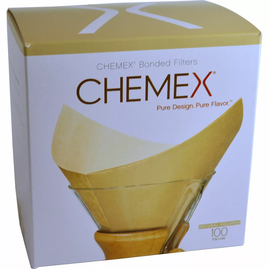 A box of DISCONTINUED Chemex FSU-100 Prefolded Square Unbleached Coffee Filters (100 count), featuring natural square-style filters and branded CHEMEX on packaging. © 2025 1st-line.com