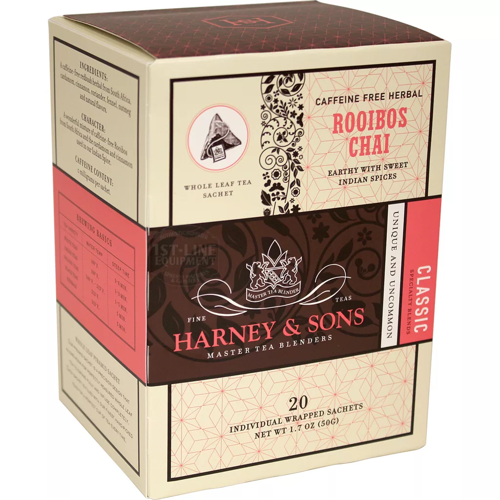 A box of DISCONTINUED Harney & Sons Rooibos Chai Decaf Herbal Tea—20 sachets. Caffeine-free herbal blend in cream and red packaging, flavored with sweet Indian spices. © 2025 1st-line.com