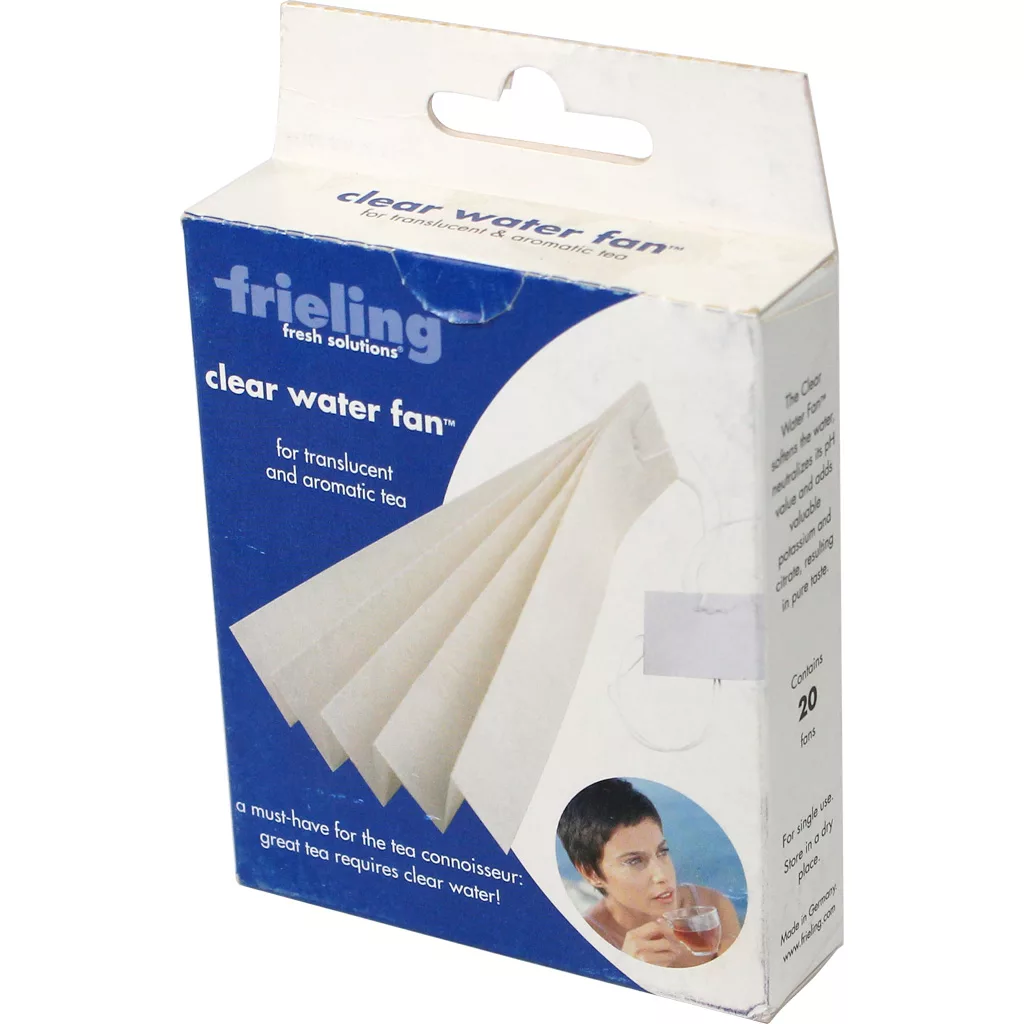 A box of Frieling Clear Water Fan tea filters (20 per box) features blue and white packaging with images of white filter papers and a person enjoying tea, making tea brewing convenient. © 2025 1st-line.com
