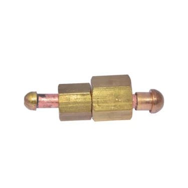 A brass and copper pneumatic fitting with hexagonal nuts and rounded ends, designed for the Isomac Steam Valve Pipe - Venus before 2011, isolated on a white background. © 2025 1st-line.com
