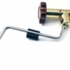 A brass gas torch with a red control knob and curved metal nozzle, featuring a finish like the Elektra 00690038 Steam Valve Polished Brass/Brierwood Bakelite, is commonly used for welding or soldering. © 2025 1st-line.com