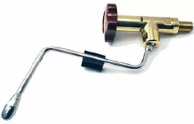 A brass gas torch with a red control knob and curved metal nozzle, featuring a finish like the Elektra 00690038 Steam Valve Polished Brass/Brierwood Bakelite, is commonly used for welding or soldering. © 2025 1st-line.com