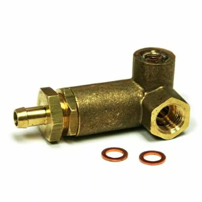 A brass T-shaped pipe fitting compatible with the discontinued Rancilio 10060406 Over Pressure Valve/Expansion Valve features threaded openings, a hose barb, and is shown with two small copper washers on a white background. © 2025 1st-line.com