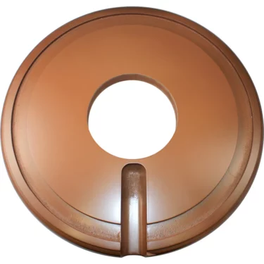A Brown Wood Base by Elektra, designed for the Belle Epoque 3G, displayed on a white background with a round, flat, copper-colored object featuring a central hole and an edge notch or tab placed on top. © 2025 1st-line.com