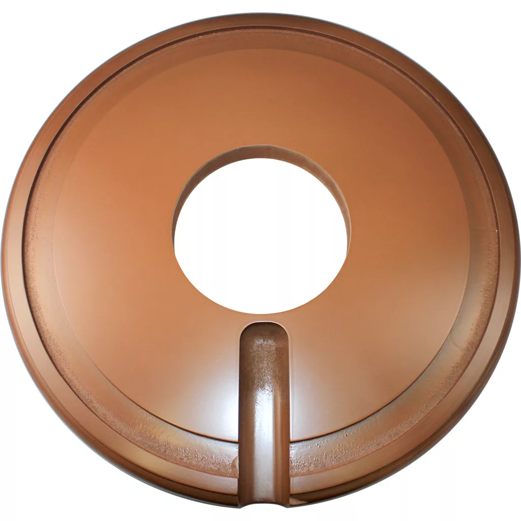 A Brown Wood Base by Elektra, designed for the Belle Epoque 3G, displayed on a white background with a round, flat, copper-colored object featuring a central hole and an edge notch or tab placed on top. © 2025 1st-line.com