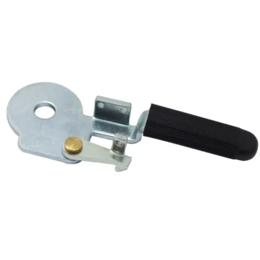 A can opener with a circular cutting disk, small lever like the Rancilio 14705001 Doser Lever, and a black ribbed plastic handle on a white background. © 2025 1st-line.com