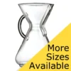 A Chemex Glass Handle Series Coffeemaker is displayed against a white background. A yellow banner at the bottom right corner says, More Sizes Available. © 2025 1st-line.com