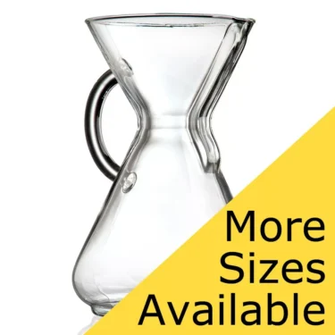 A Chemex Glass Handle Series Coffeemaker is displayed against a white background. A yellow banner at the bottom right corner says, More Sizes Available. © 2025 1st-line.com