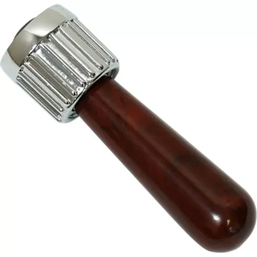 A cigar punch cutter with a shiny, ridged silver cutting end reminiscent of the Elektra 02259039 Lever Assembly for Steam/Water Valve Assembly, paired with a smooth dark brown wooden handle, shown on a white background. © 2025 1st-line.com