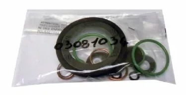 A clear plastic bag labeled Elektra 03081034 Gasket Set for Sixties 1 GR contains assorted green, copper, and black washers and O-rings in various sizes, with numbers marked on the bag. © 2025 1st-line.com