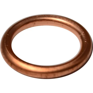 A close-up image of a single ECM P2045 Copper Gasket 3/8, circular with a smooth, shiny surface, displayed on a white background. © 2025 1st-line.com