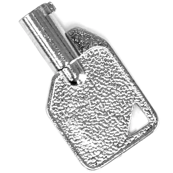 A close-up image of the Elektra 03312035 Programming Dose Key shows its textured, metallic silver rectangular head with a triangular cutout in one corner and a distinctive grainy surface. © 2025 1st-line.com