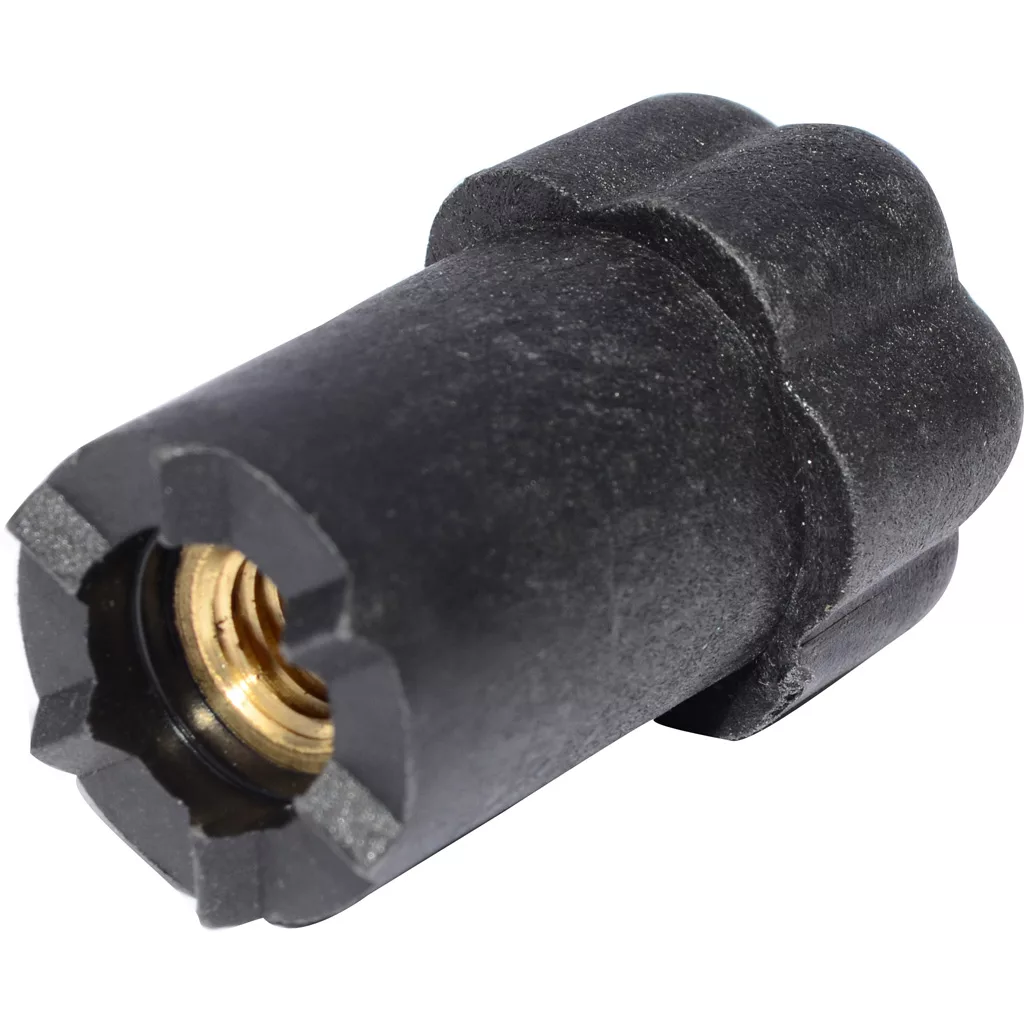 A close-up of a black, cylindrical cassette lockring tool with a metal insert and notched edges, featuring design precision similar to the Fiorenzato A3200022 Doge Mixing Nut Knob. © 2025 1st-line.com