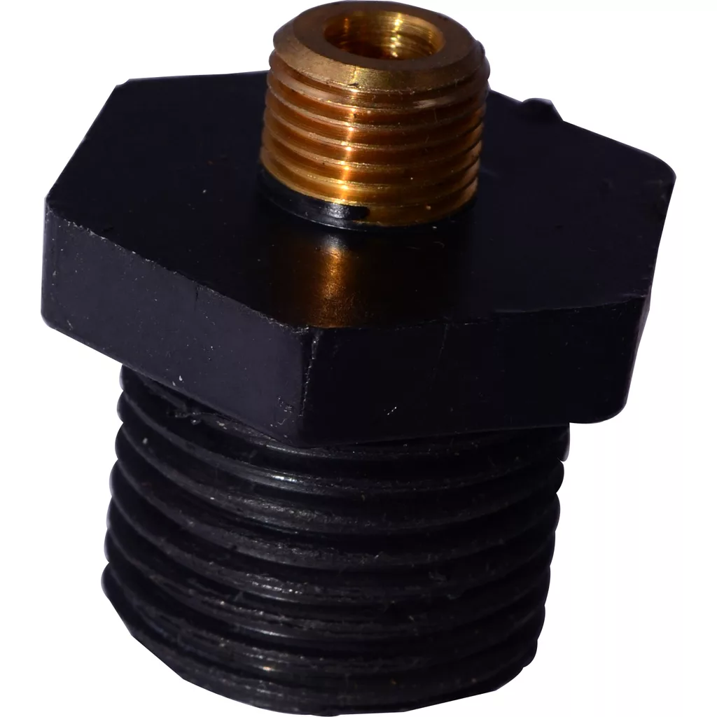 A close-up of a black plastic and brass threaded pipe reducer adapter with hexagonal sides, designed for connecting pipes of different sizes; compatible with the DISCONTINUED Pasquini T-2 T-2-19 - Livietta. © 2025 1st-line.com