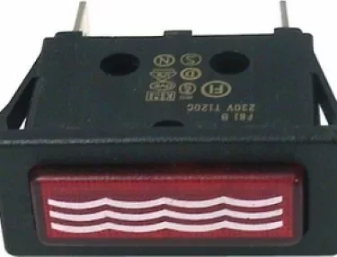 A close-up of a black rectangular rocker switch with a red button showing three white wavy lines, used as the Rancilio 34030090 Warning Light – No Water indicator for Rancilio Home machines. © 2025 1st-line.com