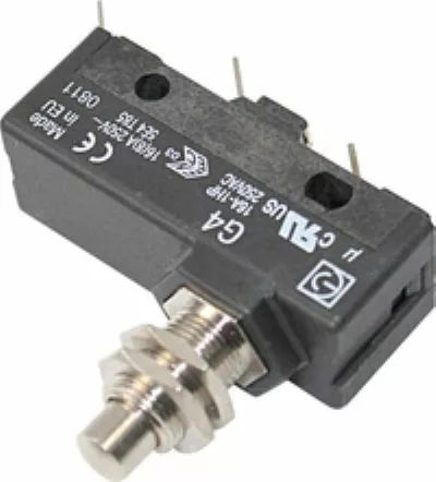 A close-up of a black VBM ELETMICRE Grouphead Microswitch featuring a metal plunger actuator and three electrical terminals, with certification markings and model numbers visible on its surface. © 2025 1st-line.com