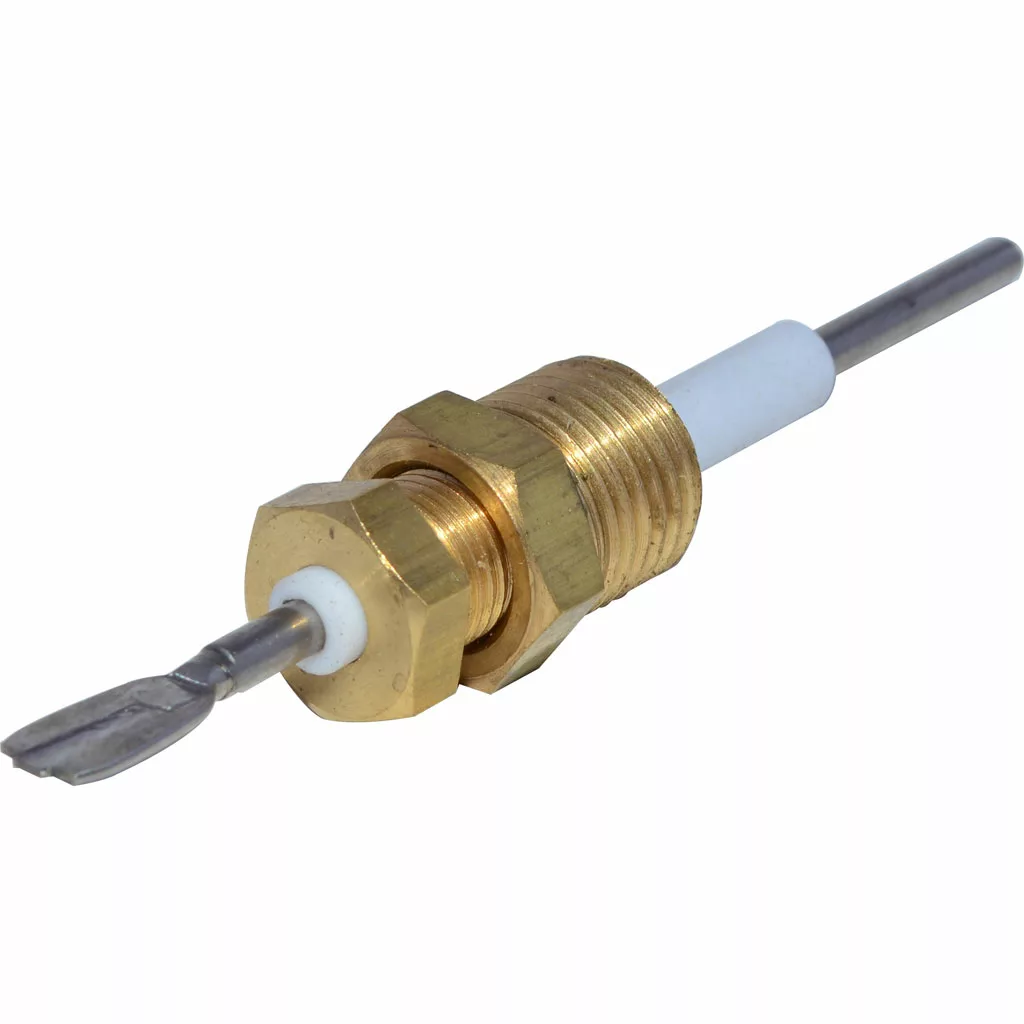 A close-up of a brass spark plug with a white ceramic insulator, resembling the Isomac 000527 Temperature Probe/Sensor for Millennium and Tea Espresso Machines, isolated on a white background. © 2025 1st-line.com