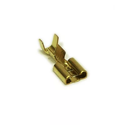 A close-up of a DISCONTINUED Ascaso Female Faxton Terminal, a gold-colored crimp connector used for joining electrical wires, shown on a plain white background. © 2025 1st-line.com