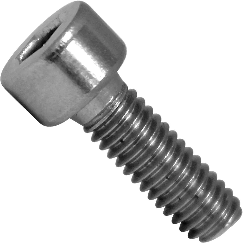 A close-up of a Fiorenzato A1100200 M4x8 Screw, featuring a metallic hex socket cap with a cylindrical head and threaded body, shown at an angle on a white background. © 2025 1st-line.com