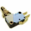 A close-up of a Fiorenzato A2100042 Lever Microswitch with a blue plastic body, metal mounting bracket, and three brass terminals for wiring connections. © 2025 1st-line.com