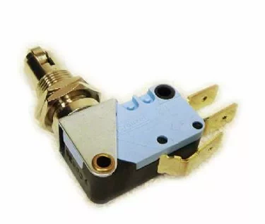 A close-up of a Fiorenzato A2100042 Lever Microswitch with a blue plastic body, metal mounting bracket, and three brass terminals for wiring connections. © 2025 1st-line.com