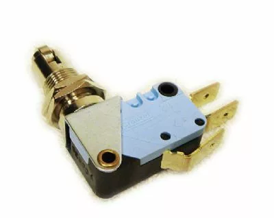 A close-up of a Fiorenzato A2100042 Lever Microswitch with a blue plastic body, metal mounting bracket, and three brass terminals for wiring connections. © 2025 1st-line.com