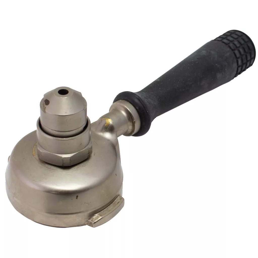 A close-up of a Fiorenzato A2200052 14G Double Pod Adjustable Portafilter (used) with a black handle, isolated on a white background. © 2025 1st-line.com