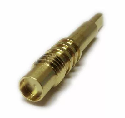 A close-up of a gold-colored coaxial connector pin with a ribbed midsection, resembling the DISCONTINUED Fiorenzato A2200072 Steam Valve Stem w/ round knob (o-rings not included), used in RF applications, isolated on white. © 2025 1st-line.com