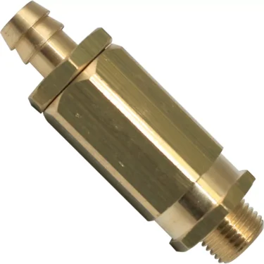 A close-up of a La Nuova Era NE464 Expansion Valve brass pneumatic fitting with a threaded male end and barbed hose connector, isolated on white—ideal for espresso machines or expansion valve uses. © 2025 1st-line.com