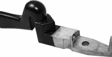 A close-up of a Macap C0002M103 Doser Lever - M4, M5 shows its metal and black plastic construction, with a rounded handle and flat base featuring an M5 mounting hole. © 2025 1st-line.com