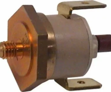 A close-up of a metal automotive pressure switch with a hexagonal brass base, threaded connector, and two mounting brackets, resembling the Rancilio 34200058 165° C Safety Thermostat in design. © 2025 1st-line.com