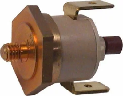 A close-up of a metal automotive pressure switch with a hexagonal brass base, threaded connector, and two mounting brackets, resembling the Rancilio 34200058 165° C Safety Thermostat in design. © 2025 1st-line.com