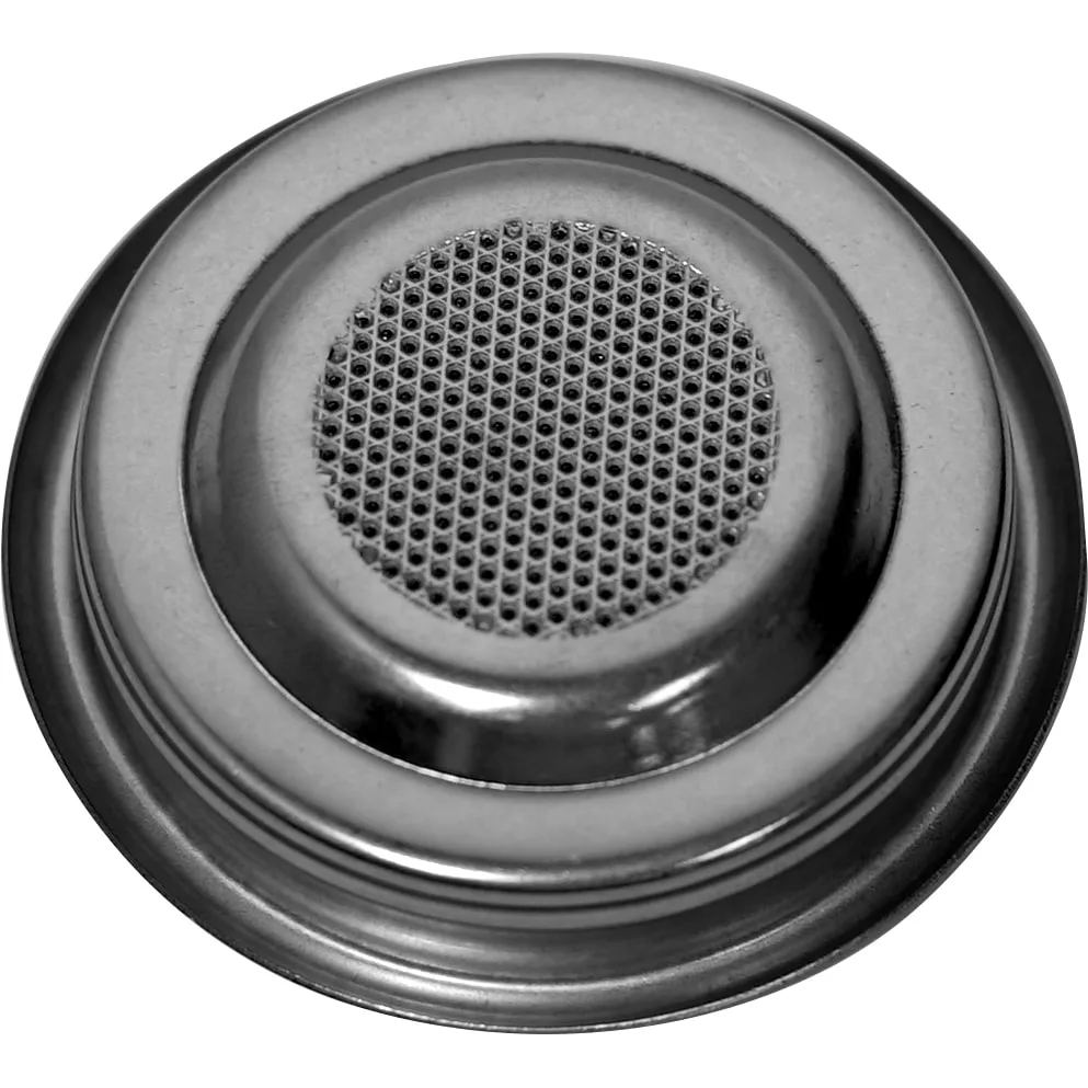 A close-up of a metal espresso machine filter basket with a fine mesh screen, like those in the Elektra 02367034 E.S.E. Single Pod Kit, designed to hold coffee grounds during brewing. © 2025 1st-line.com