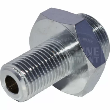 A close-up of a metallic ECM P6003.11 Steam/Hot Water Adapter QS, featuring external threads and a hollow center, is photographed on a white background. © 2025 1st-line.com