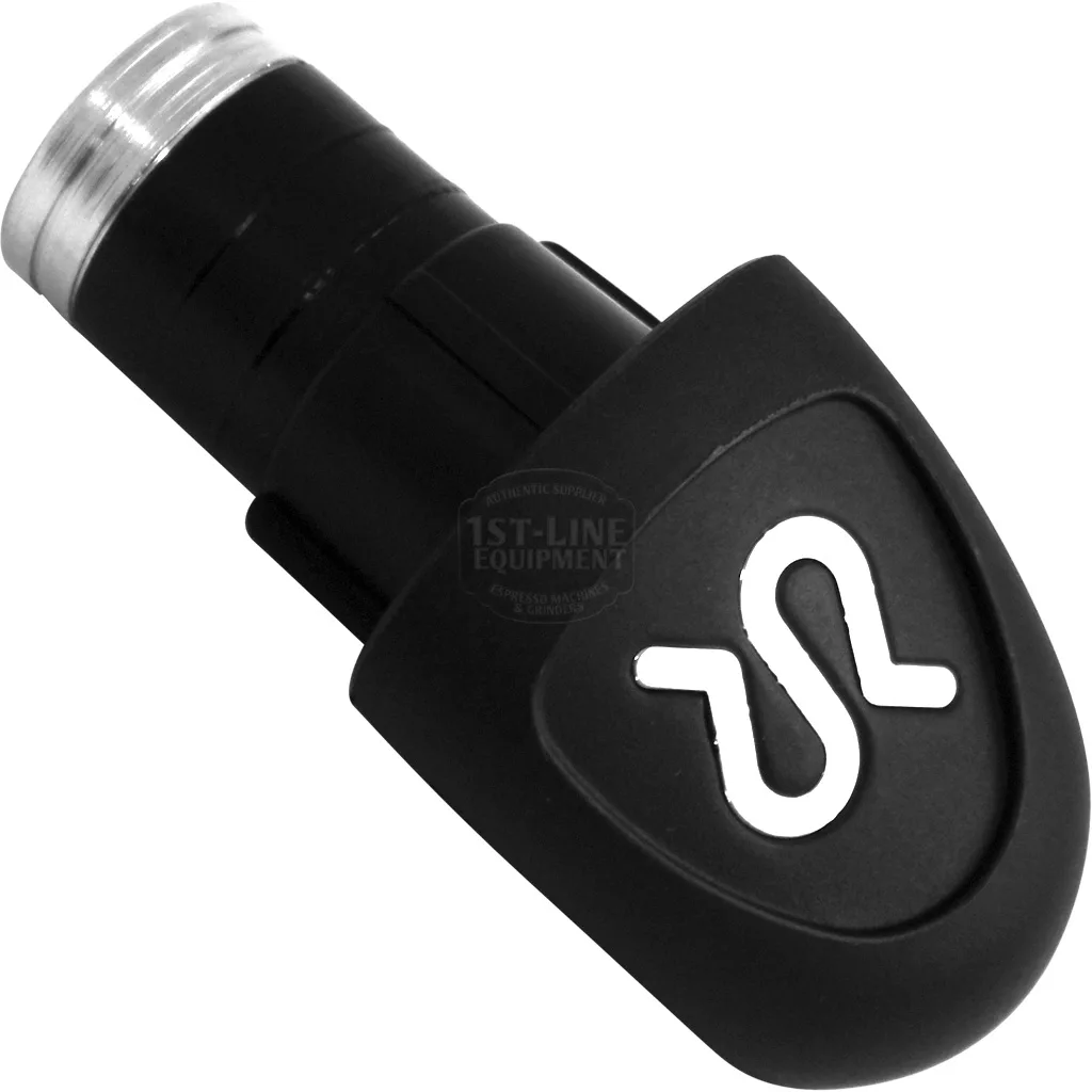 A close-up of a Rancilio 10705535 End Cap and Ring for Portafilter Handle, featuring a black handle with a metallic end and a white stylized S logo on the side. © 2025 1st-line.com