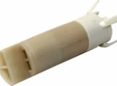 A close-up of a small, beige and white VBM ELETLAMNEONRO Orange/Red Warning Light electronic component, featuring prongs and slots—perfect for use in warning light assemblies. © 2025 1st-line.com