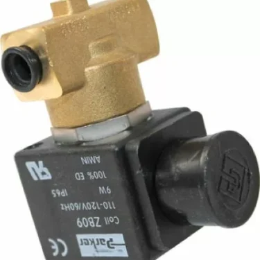 A close-up of a VBM ELETELE2A11UL Parker Solenoid Valve in brass and black, model ZB09, with printed electrical specifications and symbols on its body. © 2025 1st-line.com