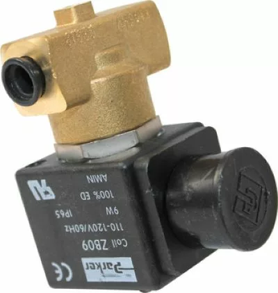 A close-up of a VBM ELETELE2A11UL Parker Solenoid Valve in brass and black, model ZB09, with printed electrical specifications and symbols on its body. © 2025 1st-line.com