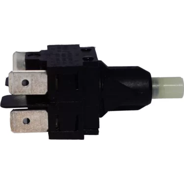 A close-up of an Elektra 02563035 Push Button - Nino and Nivola, a black electrical switch with a white plastic plunger and three metallic prongs, isolated on a white background. © 2025 1st-line.com