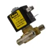 A close-up of an Elektra 04100004 Solenoid Valve, 2 Way 110v 1/4, featuring a black and yellow label, two metal connectors, and electrical terminals; the label displays product specs and states “Made in Italy.”. © 2025 1st-line.com