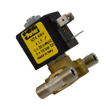 A close-up of an Elektra 04100004 Solenoid Valve, 2 Way 110v 1/4, featuring a black and yellow label, two metal connectors, and electrical terminals; the label displays product specs and states “Made in Italy.”. © 2025 1st-line.com