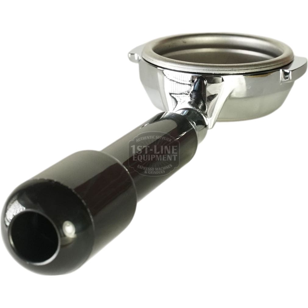 A close-up of the 1st-line Bottomless E61 Portafilter with 3-cup 58mm basket and ~6.5mm lips, featuring a black handle, designed for espresso machines. © 2025 1st-line.com