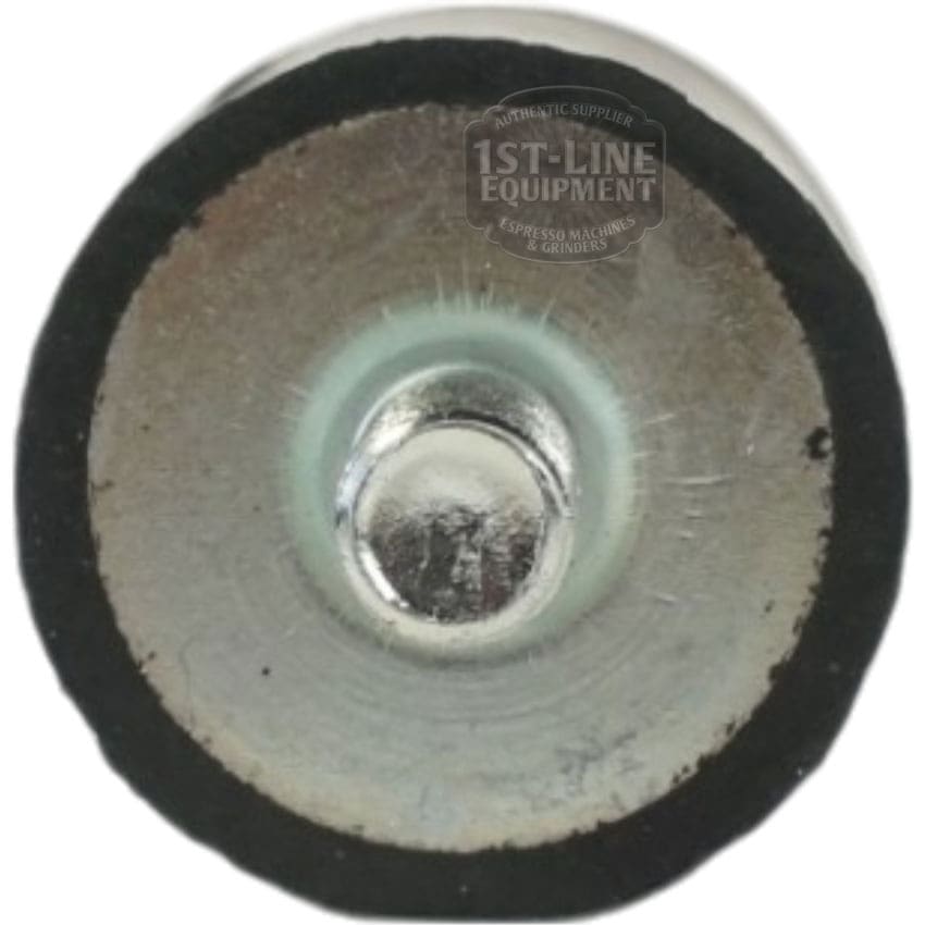 A close-up of the Ambiente Espresso Shock Absorbing Rear Foot/Leg for Vesuvius and Vostok 1 shows its round, metallic design with a black edge, central raised area, and faint 1st-Line Equipment logo. © 2025 1st-line.com