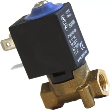 A close-up of the Ambiente VEN1003 110V Solenoid Valve for Ventus, featuring a black and blue coil, brass body, visible technical specifications, and electrical connectors. © 2025 1st-line.com